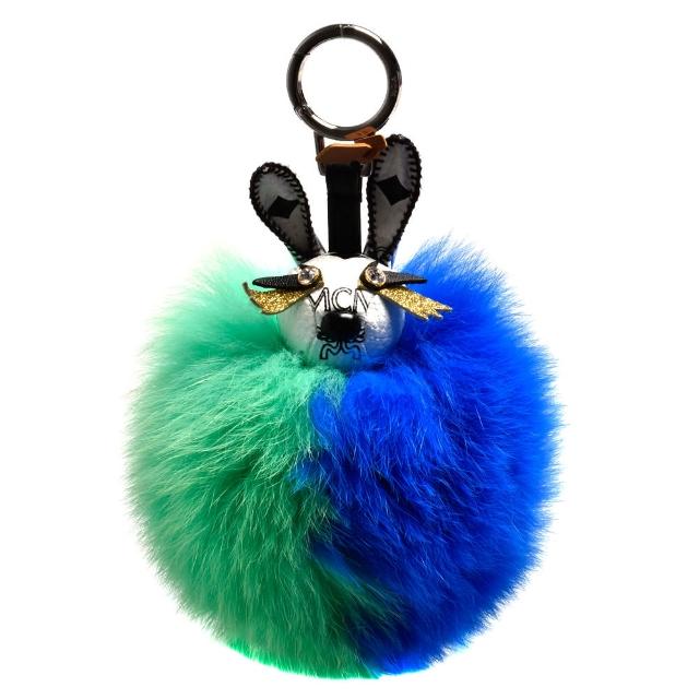 MCM【MCM】PUNK RABBIT兔子造型塗層帆布狐狸毛球鑰匙圈/吊飾(綠X藍MYZ-8AXL08-CO001)