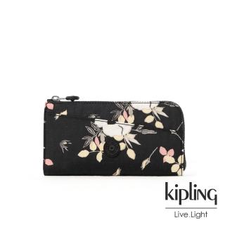 【KIPLING】沉靜黑浪漫花卉實用拉鍊長夾-ANILOCK