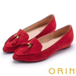 【ORIN】經典復古 氣質流蘇牛皮尖頭樂福平底鞋(紅色)