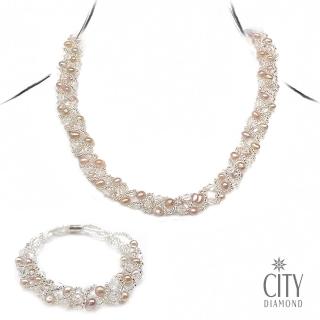 【City Diamond 引雅】粉橘珍珠項鍊+珍珠手鍊套組