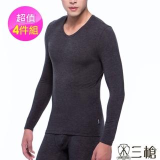 【三槍牌】時尚經典型男圓領Q-HEAT超彈性長袖發熱衣(4件組隨機取色_M-XL)