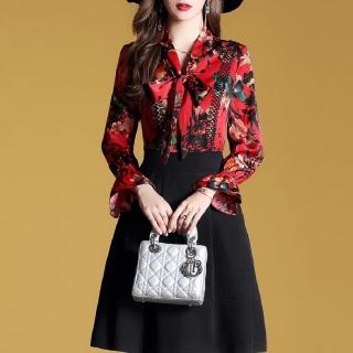 【FQ時尚天后】紅衣印花假蕾絲吊帶黑裙洋裝(S-2XL)