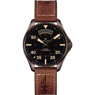 【HAMILTON 漢米爾頓】Khaki Pilot 卡其飛行員機械錶-黑x咖啡色/42mm(H64605531)