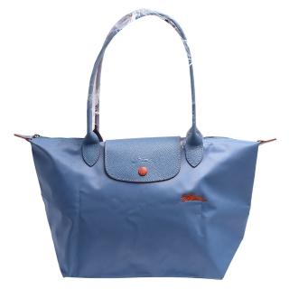 【LONGCHAMP】經典Collection系列刺繡摺疊暗釦/拉鍊長提把尼龍水餃包(大-粉藍色1899619-564)