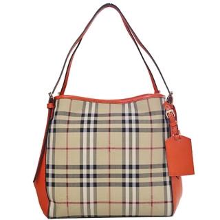 【BURBERRY 巴寶莉】Canter Horseferry 緹花格紋托特包(橘色)