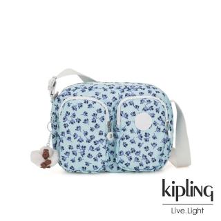 【KIPLING】典雅淡藍小花雙拉鍊前口袋側背包-PATTI