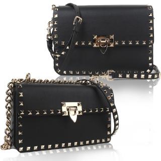 【VALENTINO 范倫鐵諾】Rockstud 小牛皮鉚釘滾邊肩背斜背兩用包(經典黑)