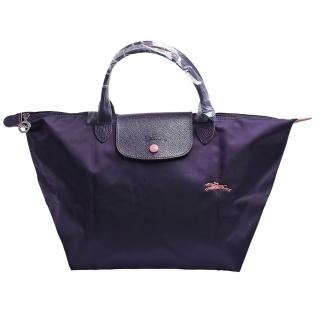 【LONGCHAMP】經典Collection系列刺繡摺疊暗釦/拉鍊短提把尼龍水餃包(中-藍莓色1623619-645)