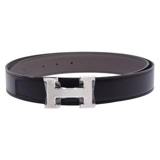 【Hermes 愛馬仕】經典銀色H LOGO雙面兩穿Togo小牛皮腰帶/皮帶(黑X灰-銀H075387CAAG080-GRAY-ARG)