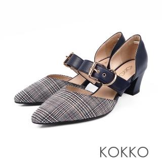 【KOKKO集團】艾菲爾鐵塔手工飾帶撞色粗跟鞋(格紋藍)