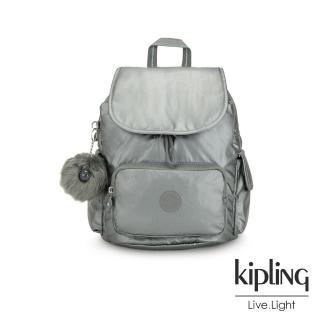 【KIPLING】金屬墨灰色拉鍊掀蓋後背包-CITY PACK S