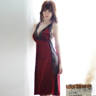 【久慕雅黛】金絲絨蕾絲拼接開叉吊帶裙(紅絲絨)