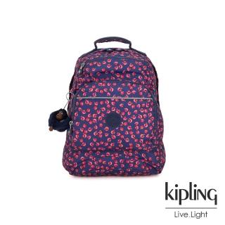【KIPLING】古典茜紅小花前側拉鍊大口袋後背包-ICHIWA S