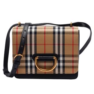 【BURBERRY 巴寶莉】Check D-Ring格紋帆布小牛皮飾邊D型環穿式肩/斜背包(黑色4076641-BLACK)
