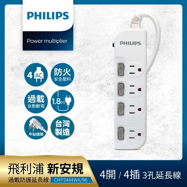 5入組【Philips 飛利浦】過載防護型 4開4插3孔延長線 1.8M