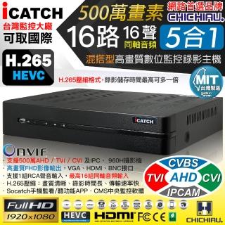 【CHICHIAU】H.265 16路16聲同軸音頻 500萬 AHD TVI CVI 1080P台製iCATCH數位高清遠端監控錄影主機