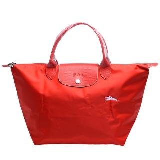 【LONGCHAMP】經典LE PLIAGE系列刺繡摺疊暗釦/拉鍊短提把尼龍水餃包(中-朱紅色1623619-P20)