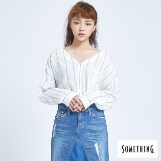 【SOMETHING】質感條紋 長袖無領襯衫-女款(白色)
