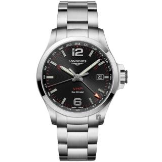 【LONGINES 浪琴 正式授權】征服者系列V.H.P. GMT 萬年曆手錶-黑x銀/43mm(L3.728.4.56.6)