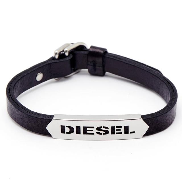 【DIESEL】銀色冷冽LOGO皮革手環DX0999040(DIESEL手環)