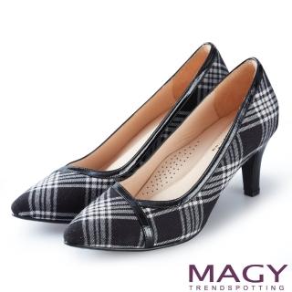 【MAGY】時髦氣場 雙材質拼接尖頭高跟鞋(格紋黑)