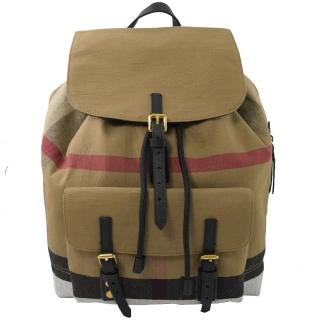【BURBERRY 巴寶莉】CANVAS 經典格紋棉麻拼接後背包.駝/黑邊(大)