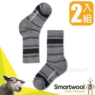 【SmartWool】美國製造 美麗諾羊毛 孩童健行輕量避震條紋中長襪/戶外襪.排汗襪(SW001212 淺灰_2入)