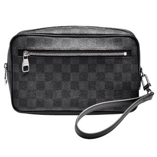 【Louis Vuitton 路易威登】N41664 經典Kasai系列Damier Graphite帆布印花小牛皮飾邊手拿/掛腕包