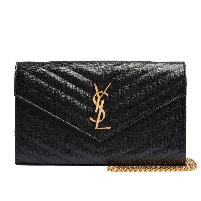 YSL【YSL】MONOGRAM系列V字縫線魚子醬牛皮金屬LOGO金鍊斜肩/手拿包(黑377828-BOW01-1000)