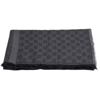 【GUCCI 古馳】經典GG緹花羊毛混絲直紋雙色流蘇披肩/圍巾(灰X深灰282390-3G704-1062)