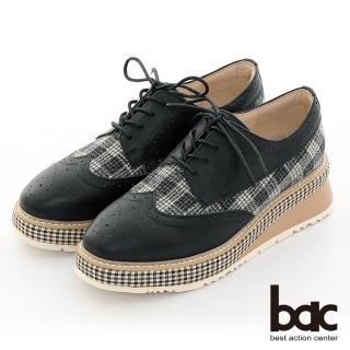 【bac】復古風潮小方頭異材質雕花格紋厚底德比鞋(黑色)