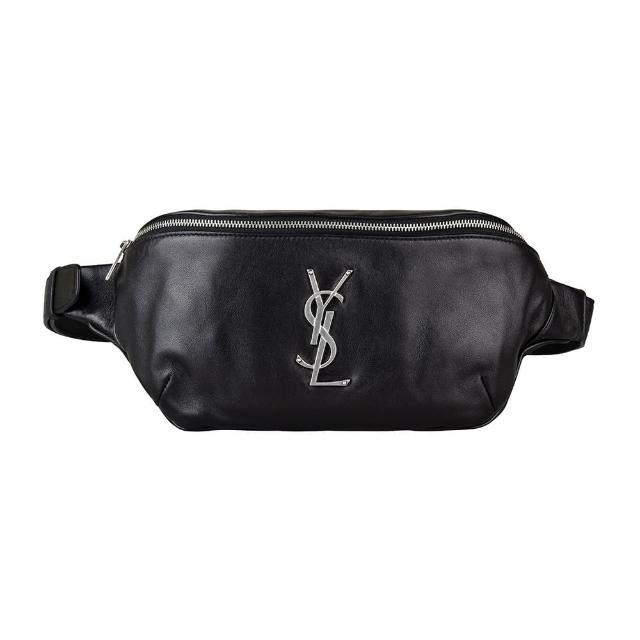 YSL【YSL】YSL Classic Monogram銀字LOGO牛皮拉鏈胸掛腰包(黑)