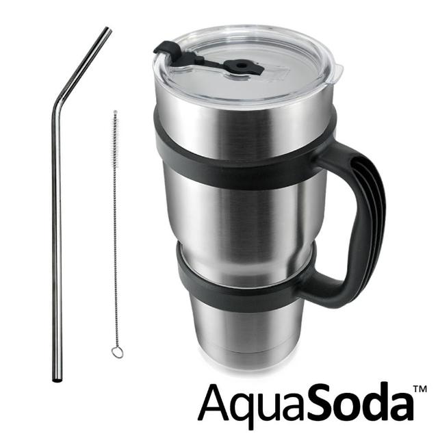 【美國AquaSoda】304不鏽鋼陶瓷雙層保溫保冰杯900ml(含杯架組)