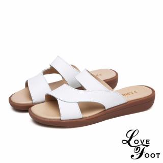 【LOVE FOOT 樂芙】真皮流線拼接舒適經典休閒風厚底拖鞋(白)