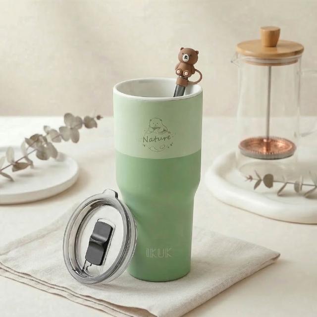 【IKUK 艾可】真陶瓷保溫保冰杯-全陶瓷吸管杯冰壩杯900ml贈5件組(吸管杯/保溫瓶/大容量/環保杯)