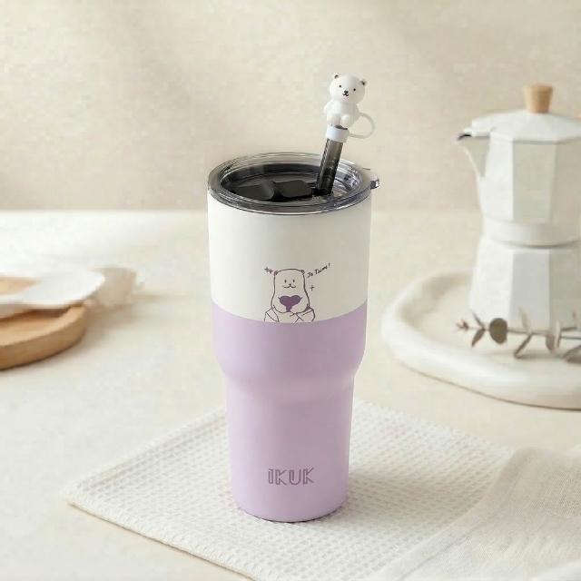 【IKUK 艾可】2入組-真陶瓷內膽保溫保冰杯-吸管杯冰壩杯900ml贈5件組配件(特惠組/保溫瓶)
