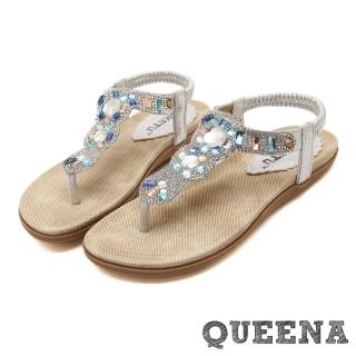 【QUEENA】奢華晶鑽寶石T字舒適夾腳涼鞋(金)