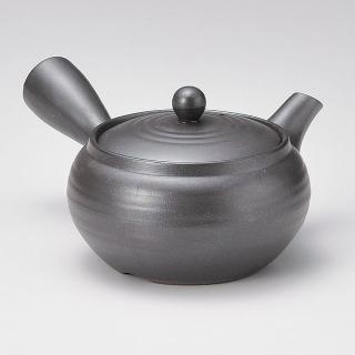 【福介商店】日本陶壺 萬古燒 平形釉黑 橫手急須0.4L(泡茶壺 沖泡壺 橫柄壺具)