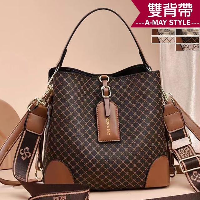 【艾美時尚】女包 開運包 斜背包 手提包 時尚格紋雙背帶肩背水桶包(6色.現貨+預購)
