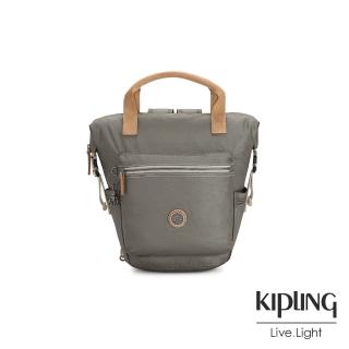 【KIPLING】邊緣地帶系列低調皮革金屬灰褐色雙側插扣手提後背兩用包-TSUKI S