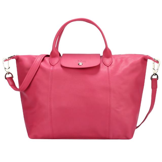 【LONGCHAMP】Le Pliage Cuir質感羊皮摺疊兩用中型水餃包(山茶粉)