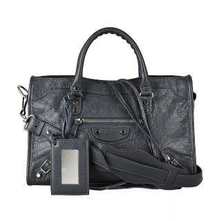 【Balenciaga 巴黎世家】BALENCIAGA巴黎世家CITY S經典銀釦小羊皮拉鍊手提斜背機車包(灰)
