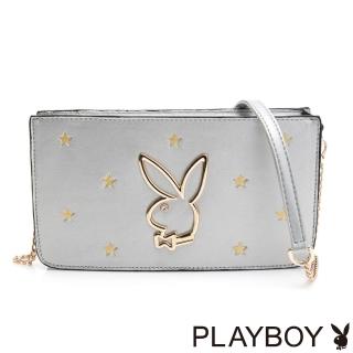 【PLAYBOY】鍊帶斜背包 STAR系列(銀色)