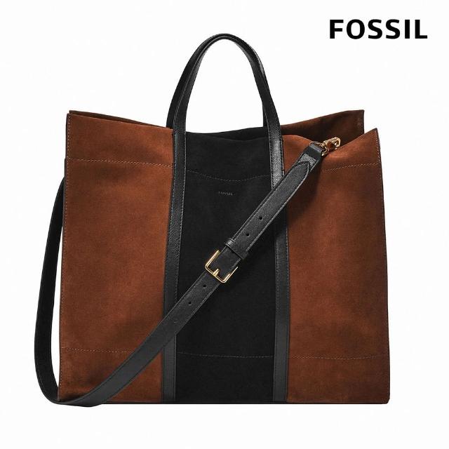 【FOSSIL】Carmen 麂皮大容量兩用手提包-黑X棕色 ZB7891199(附真皮背帶)