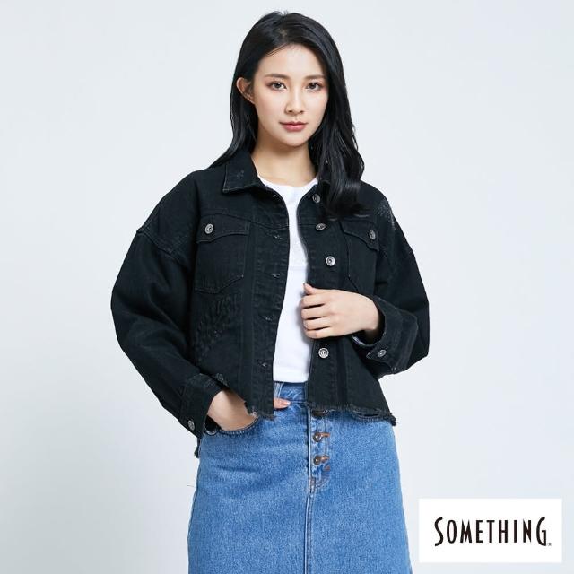 【SOMETHING】短版下襬不收邊牛仔外套-女款(黑色)