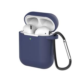 AirPods 無線藍牙耳機充電收納盒矽膠保護殼套-深藍(附掛勾)