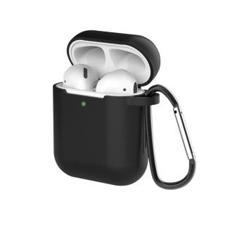 AirPods 無線藍牙耳機充電收納盒矽膠保護殼套- 黑(附掛勾)