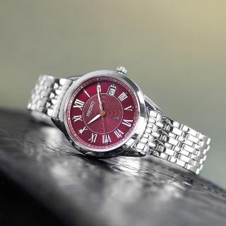 【SEIKO 精工】LUKIA 太陽能 鑽石 日期 防水100米 不鏽鋼手錶 紅色 34mm(V147-0CR0R.SUT393J1)