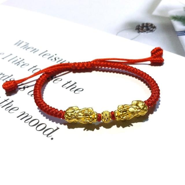 【Eli Jewelry】9999純金 富貴招財黃金雙貔貅伸縮防潑水蠟繩手鍊 中性/女用(附金飾保證卡 精美禮物包裝)