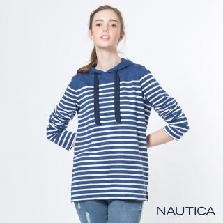 【NAUTICA】女裝連帽條紋長袖TEE(深藍)